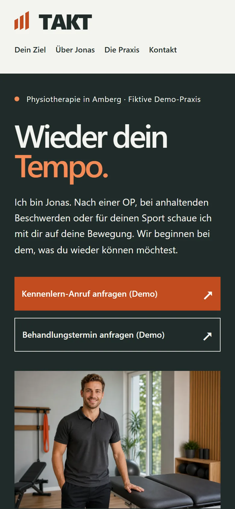 Die Musterseite TAKT Physiotherapie am Handy