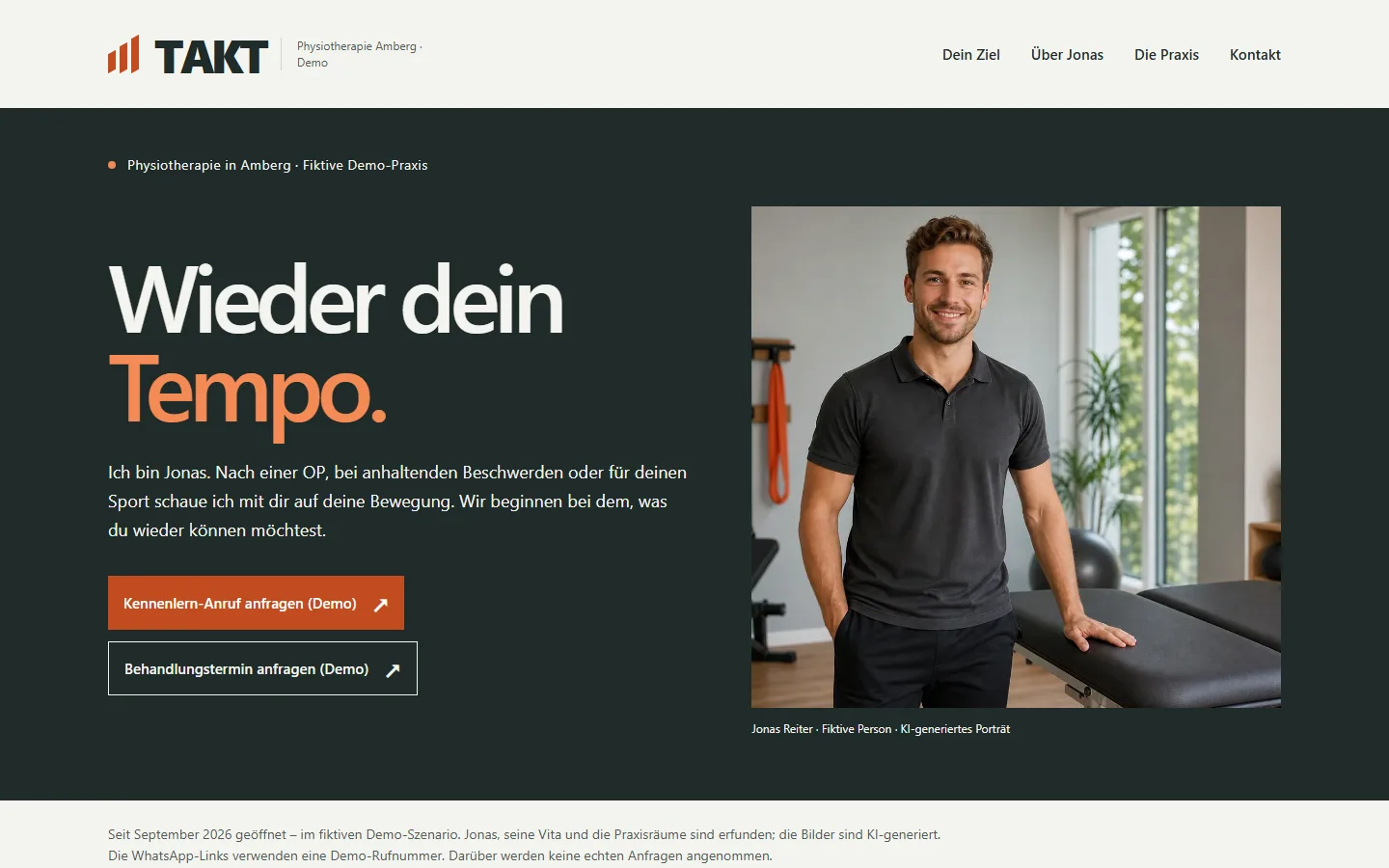 Startbereich der Musterseite TAKT Physiotherapie