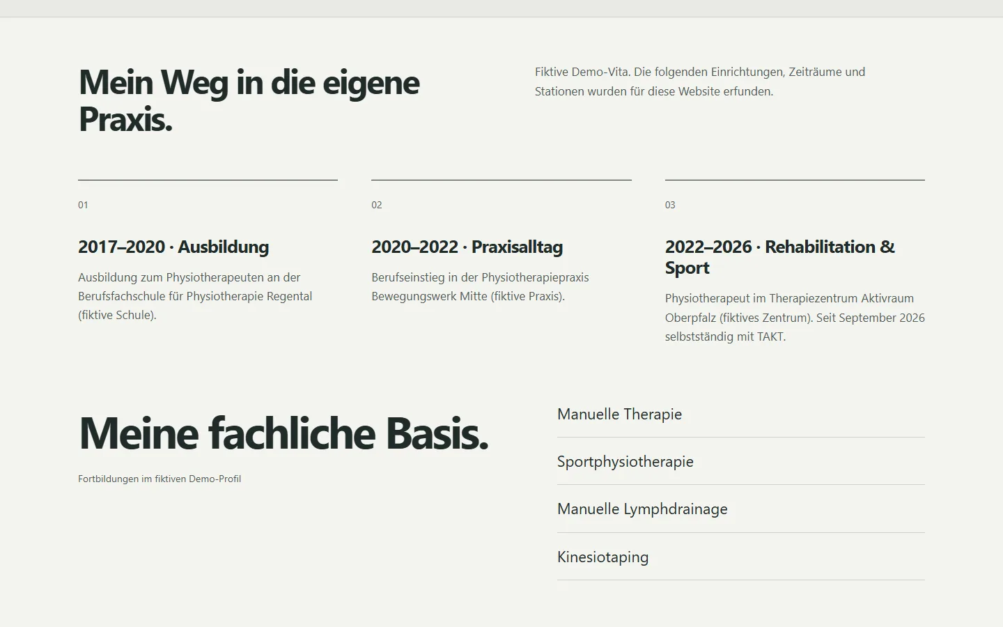 Abschnitt Werdegang der Musterseite mit Ausbildung und Stationen