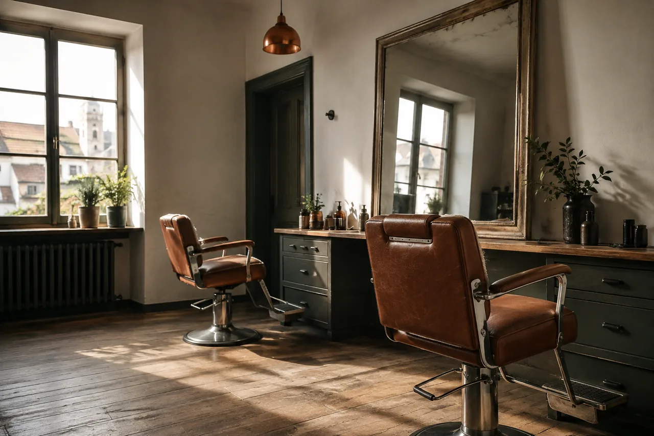 Licht fällt durch das Fenster eines kleinen Salons auf zwei cognacfarbene Friseurstühle.